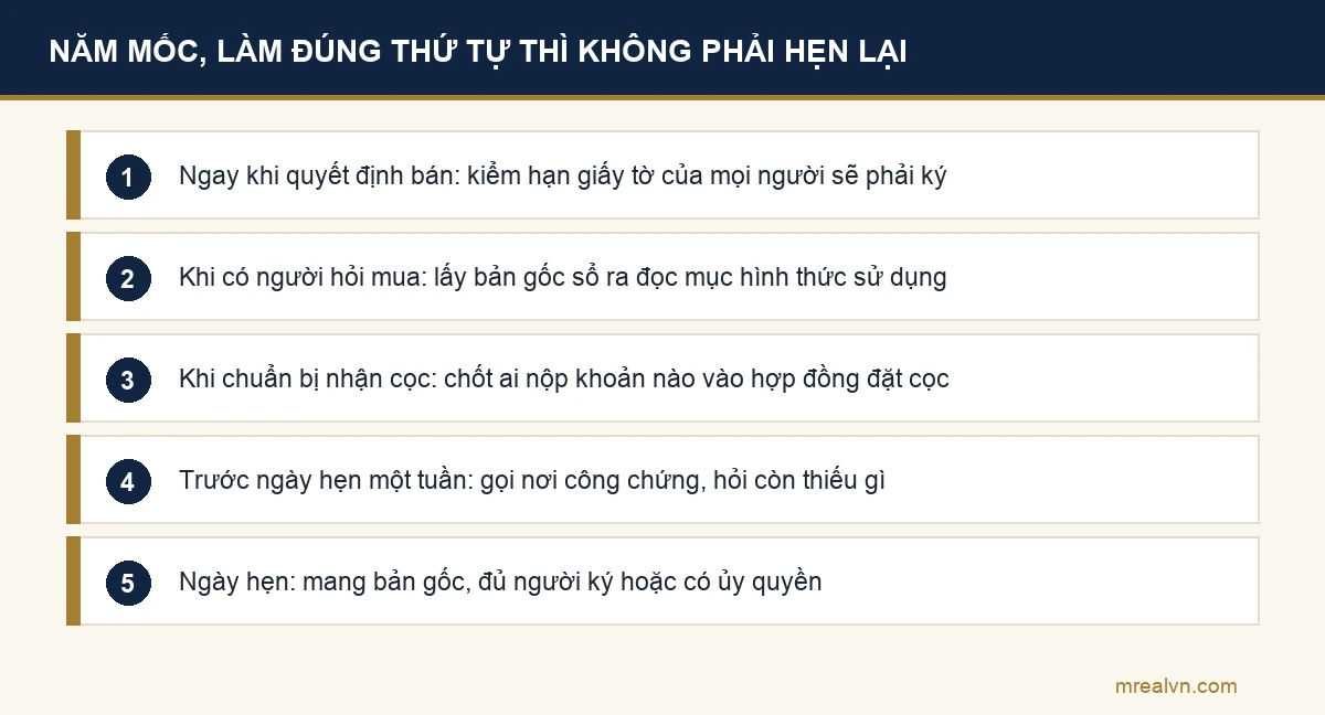 Sơ đồ năm mốc thời gian chuẩn bị giấy tờ khi bán nhà
