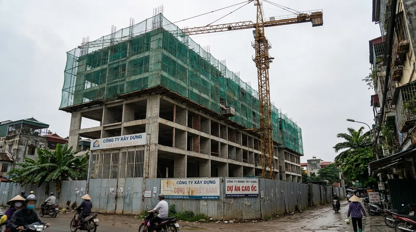 Toà chung cư đang xây dở với khung bê tông, lưới an toàn và cần cẩu tháp