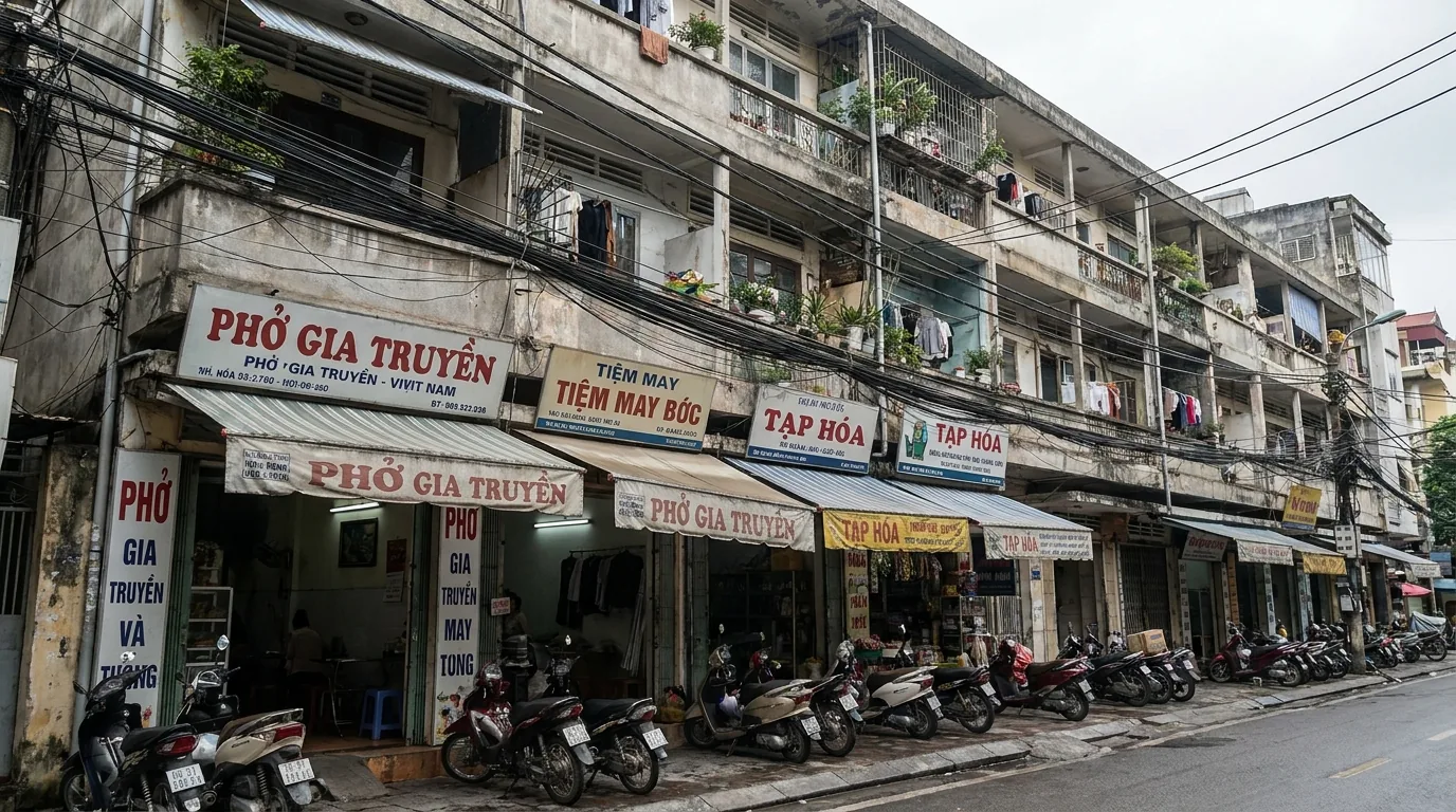 Dãy nhà mặt tiền kinh doanh với cửa hàng tầng trệt và nhà ở phía trên