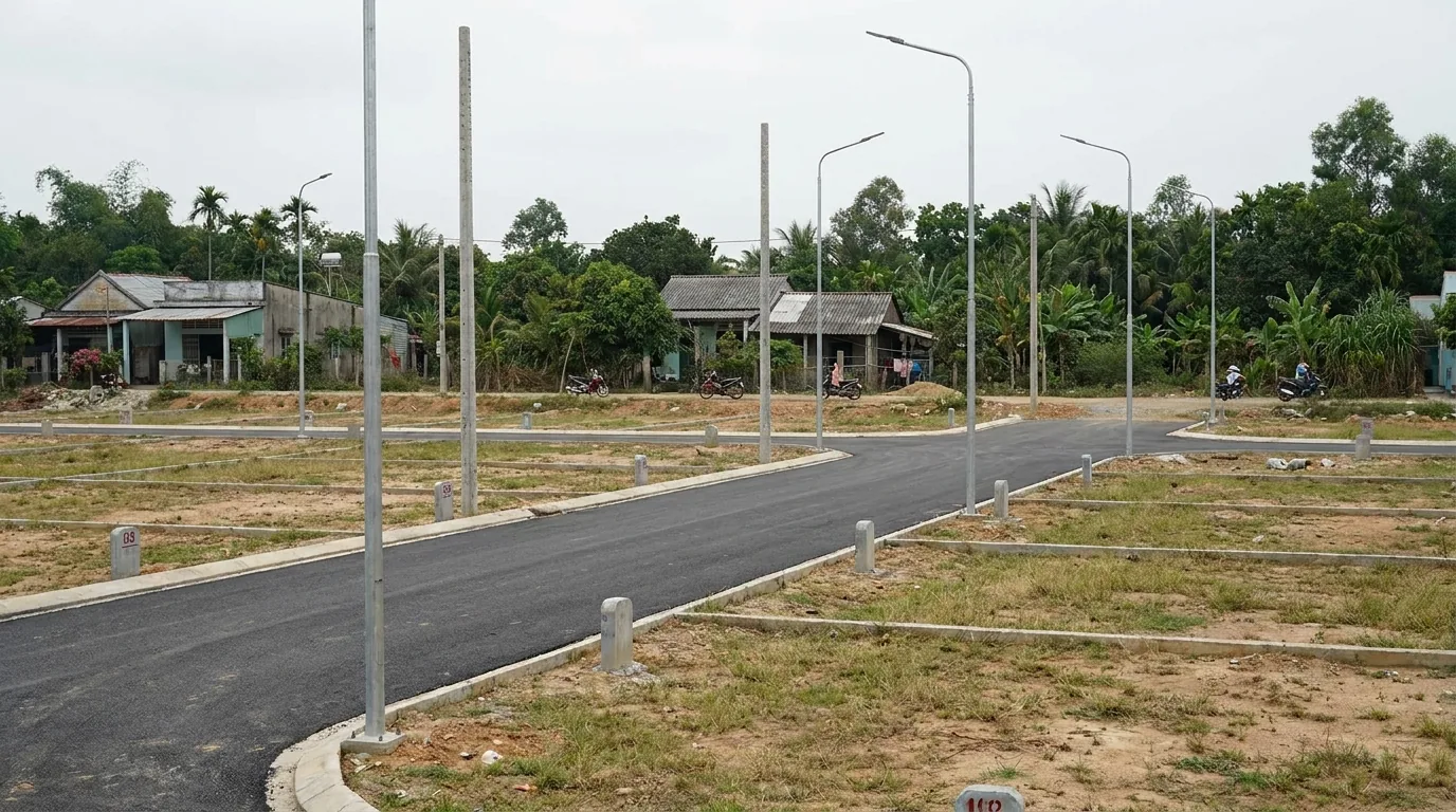 Khu đất nền đã phân lô có đường nội bộ và cột đèn nhưng chưa xây nhà