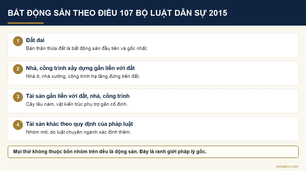 Sơ đồ bốn nhóm bất động sản theo Điều 107 Bộ luật Dân sự 2015