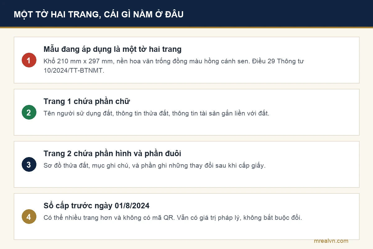 Sơ đồ cấu trúc hai trang của mẫu giấy chứng nhận đang áp dụng và vị trí từng nhóm thông tin