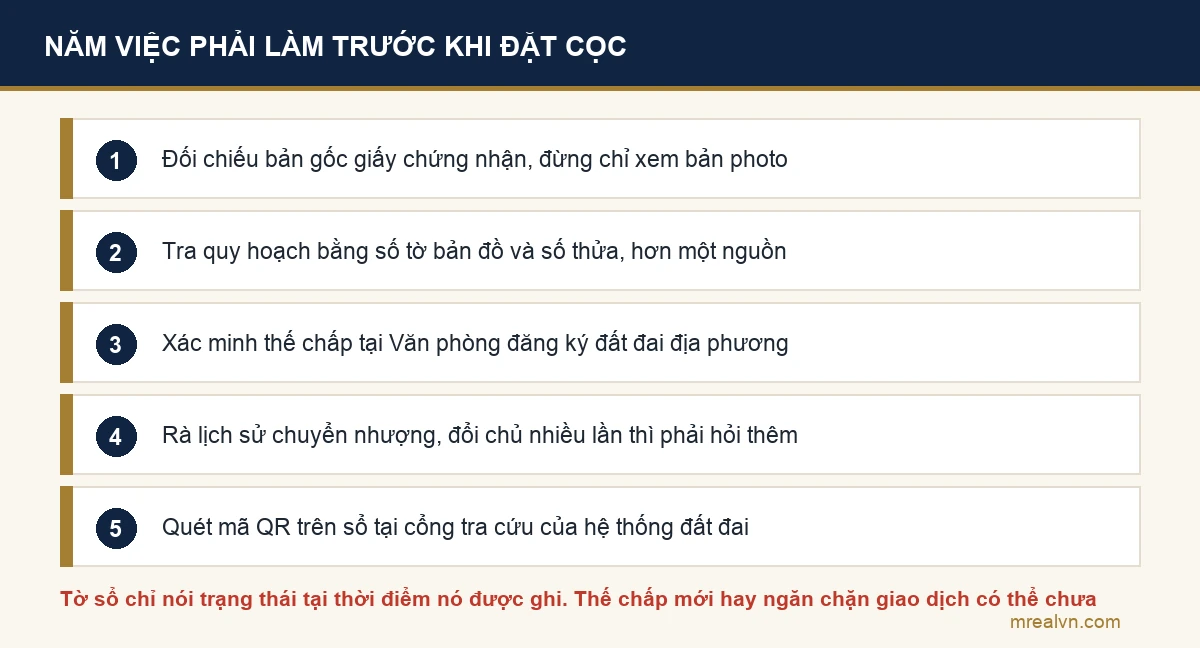 Sơ đồ năm việc kiểm chứng cần làm sau khi đọc xong sổ và trước khi đặt cọc