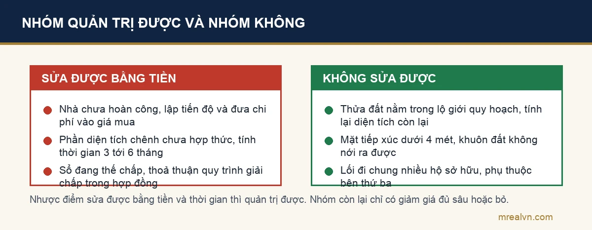 Sơ đồ hai cột phân loại nhược điểm trên sổ thành nhóm sửa được bằng tiền và nhóm không sửa được