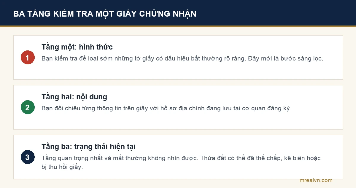 Sơ đồ ba tầng kiểm tra một giấy chứng nhận: hình thức, nội dung và trạng thái hiện tại của thửa đất