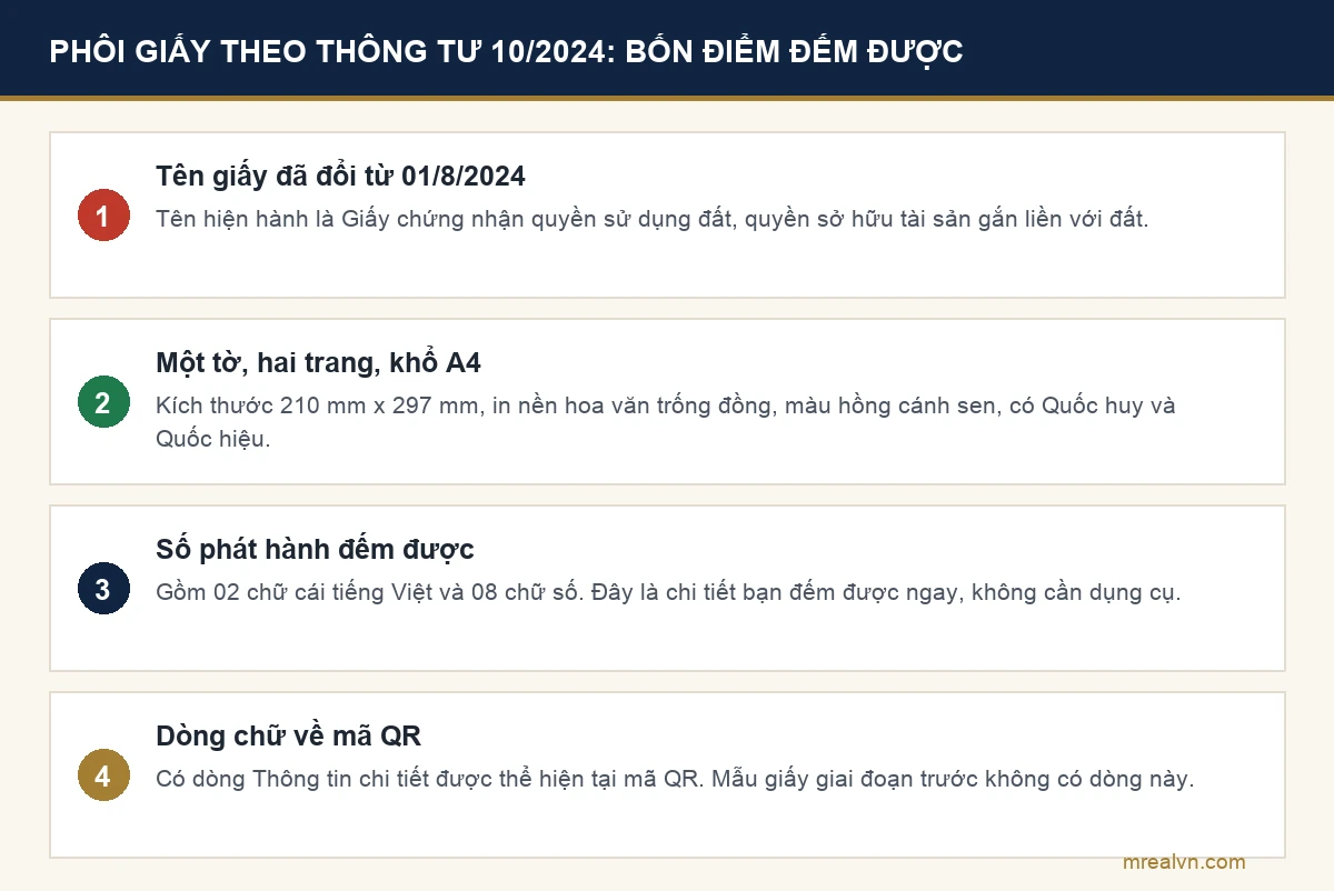Sơ đồ bốn đặc điểm phôi giấy chứng nhận theo Điều 29 Thông tư 10/2024/TT-BTNMT áp dụng từ 01/8/2024