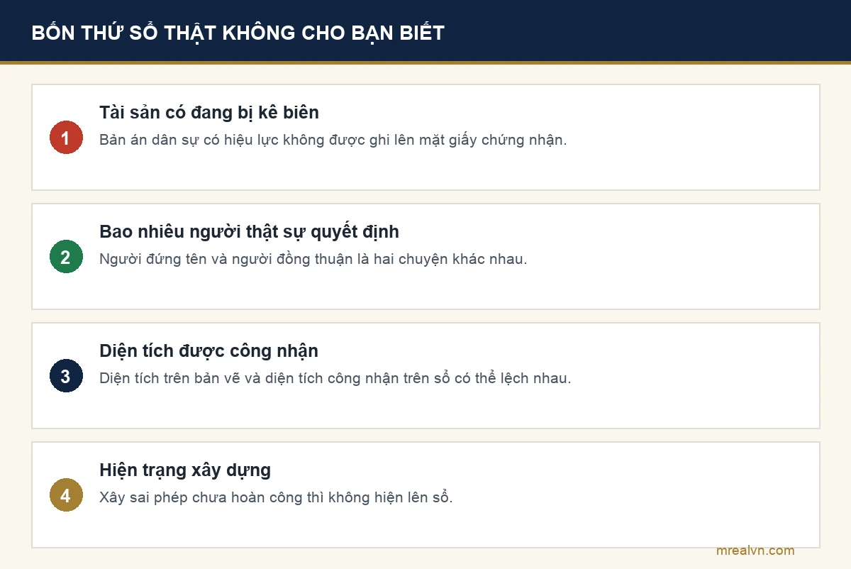 Sơ đồ bốn thứ một sổ thật không cho bạn biết: kê biên, số người quyết định, diện tích công nhận và hiện trạng xây dựng
