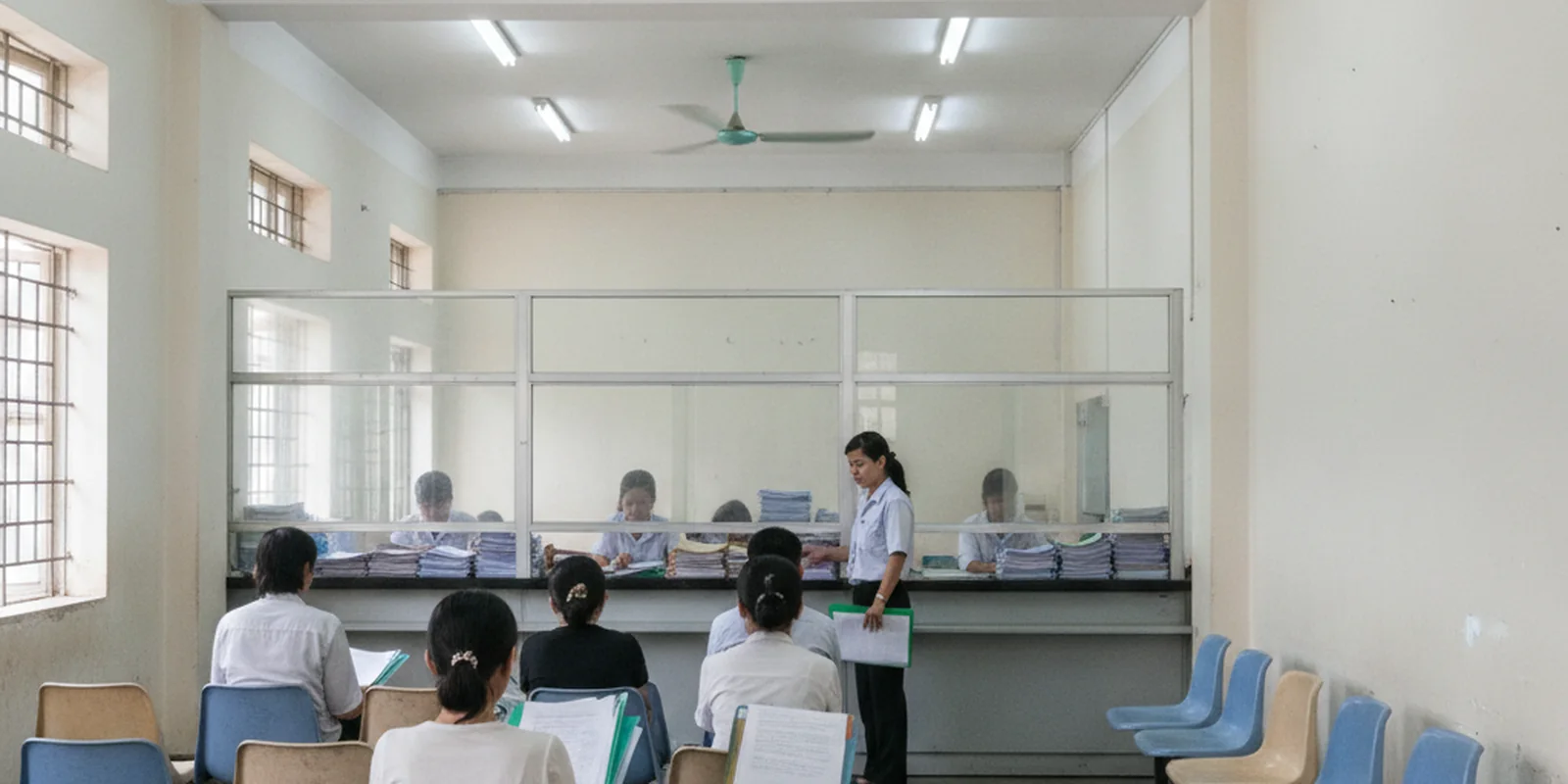 Sảnh tiếp nhận hồ sơ của một văn phòng đăng ký đất đai tại Việt Nam, người dân ngồi chờ với bìa hồ sơ trên tay