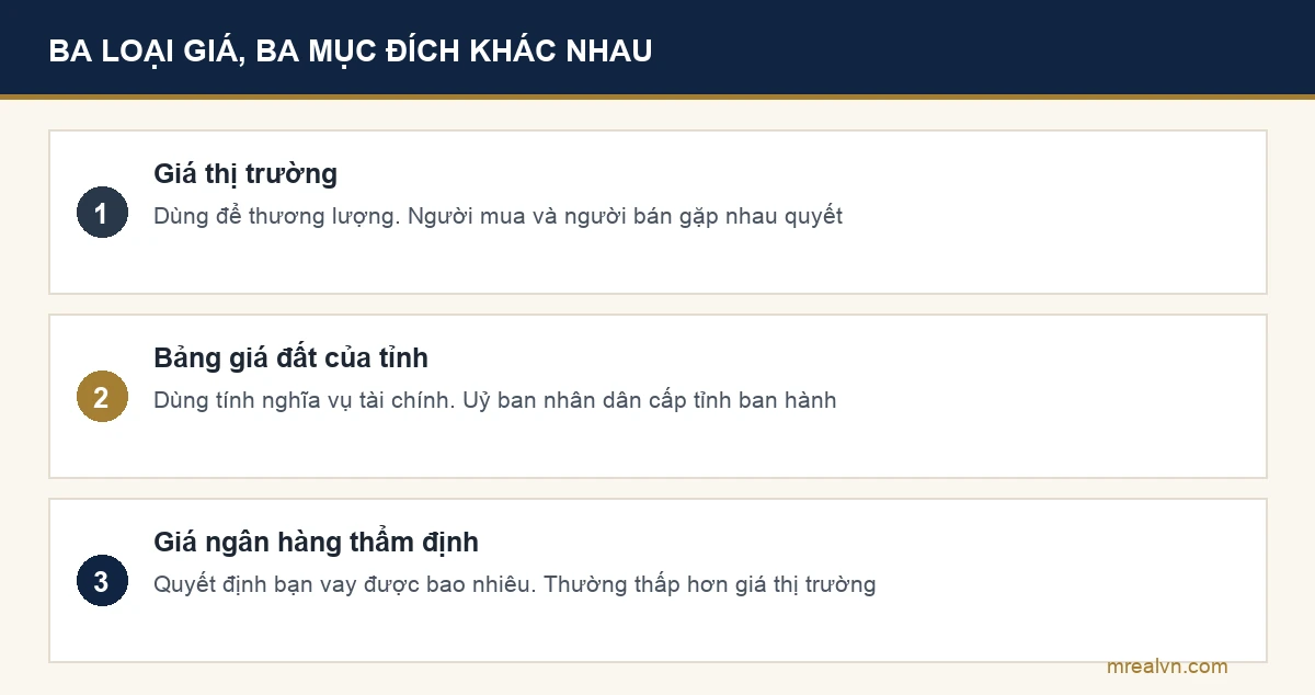 Bảng ba loại giá của một thửa đất và mục đích của từng loại