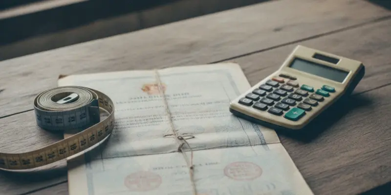 Thước dây, máy tính bỏ túi và giấy chứng nhận quyền sử dụng đất trên bàn, minh hoạ việc tính giá đất theo mét vuông