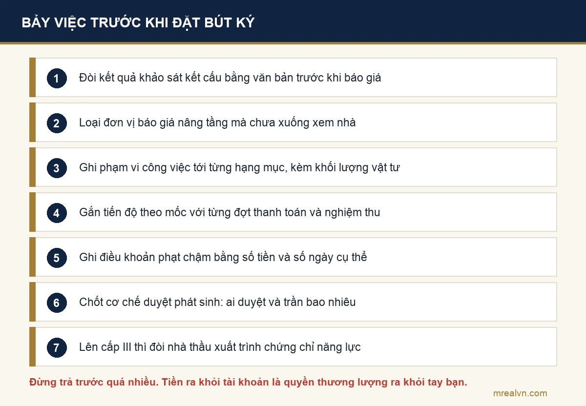 Sơ đồ bảy việc phải làm trước khi ký hợp đồng thi công cho một công trình cấp IV