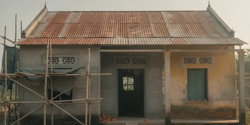 Căn nhà một tầng mái tôn ở Việt Nam đang được sửa chữa, giàn giáo dựng bên hông và vật liệu xếp trước sân