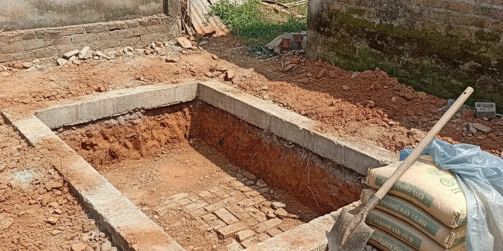 Hố móng vừa được đào lộ phần móng cũ và nền đất, xẻng và bao xi măng đặt bên cạnh