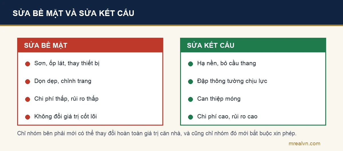 Sơ đồ đối chiếu sửa bề mặt và sửa kết cấu về chi phí, rủi ro và tác động tới giá trị