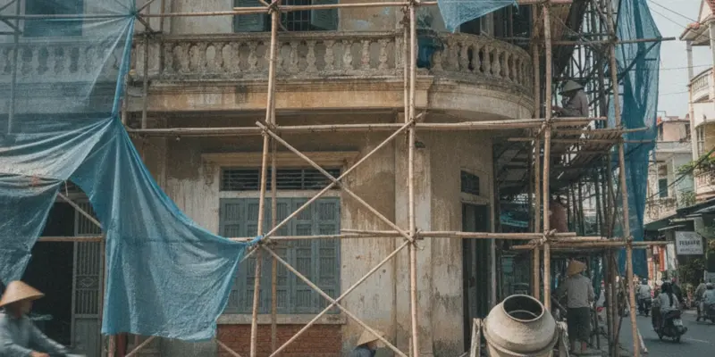 Căn nhà phố cũ đang được cải tạo với giàn giáo và bạt che trước mặt tiền