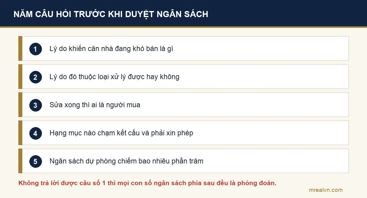 Sơ đồ năm câu hỏi cần trả lời trước khi duyệt ngân sách cải tạo nhà cũ