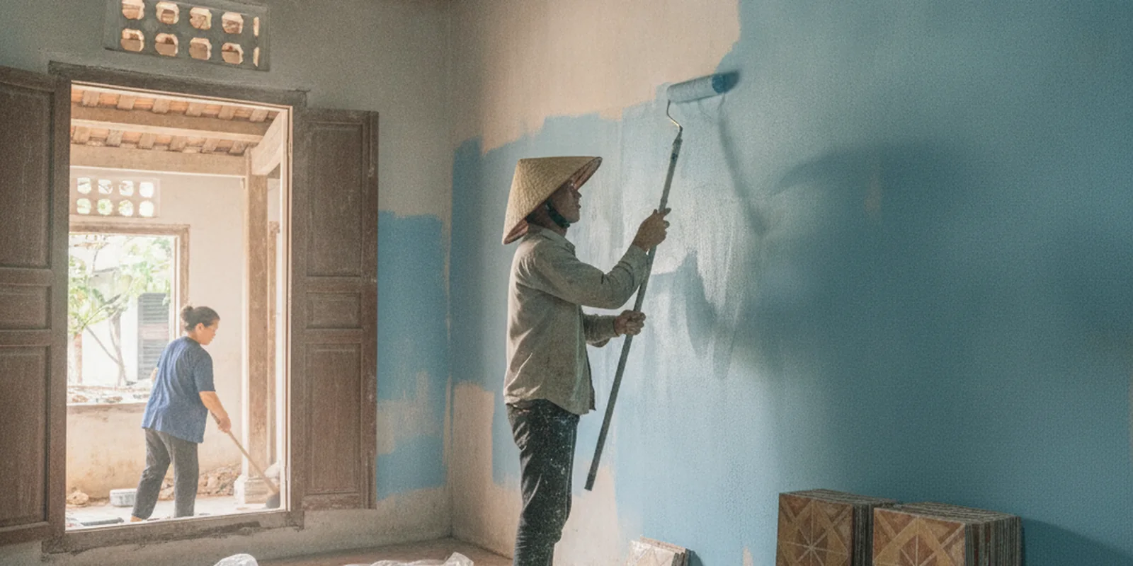Thợ sơn lại tường và lắp thiết bị mới trong căn nhà đang sửa phần bề mặt