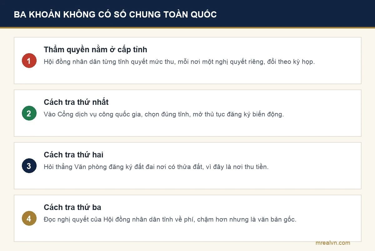 Sơ đồ giải thích vì sao ba khoản phí sang tên không có con số chung cho cả nước và cách tra mức của tỉnh