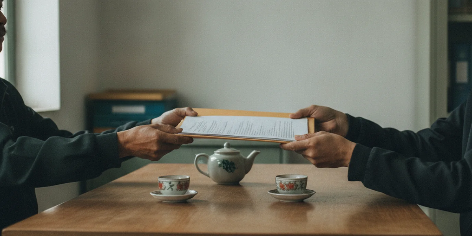 Hai người ngồi đối diện qua bàn, một tay đang đưa tập hồ sơ giấy cho người kia