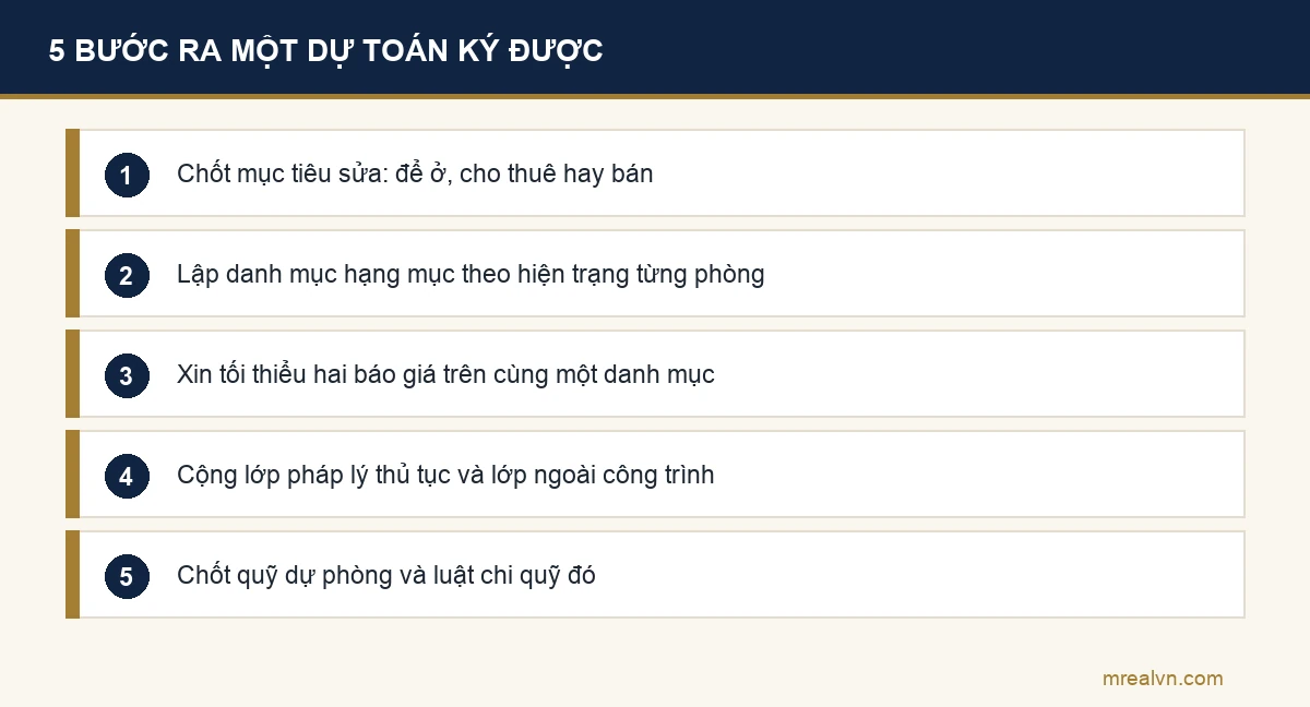 Sơ đồ năm bước lập dự toán chi phí sửa nhà