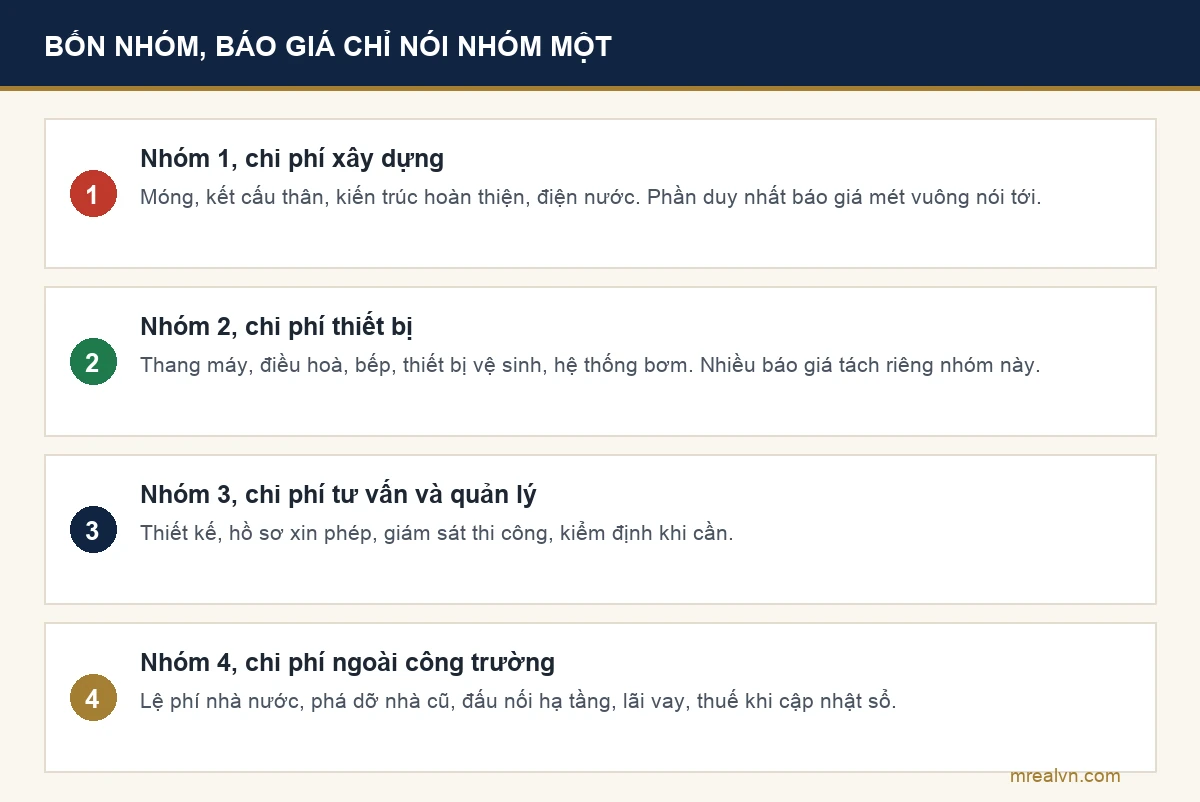 Sơ đồ bốn nhóm chi phí tạo nên tổng tiền xây một căn nhà