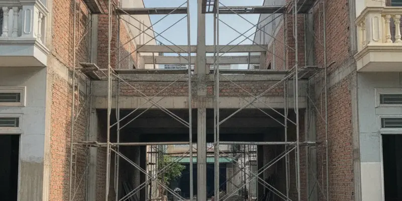 Ngôi nhà phố đang xây phần thô với giàn giáo thép bao quanh và tường gạch chưa tô