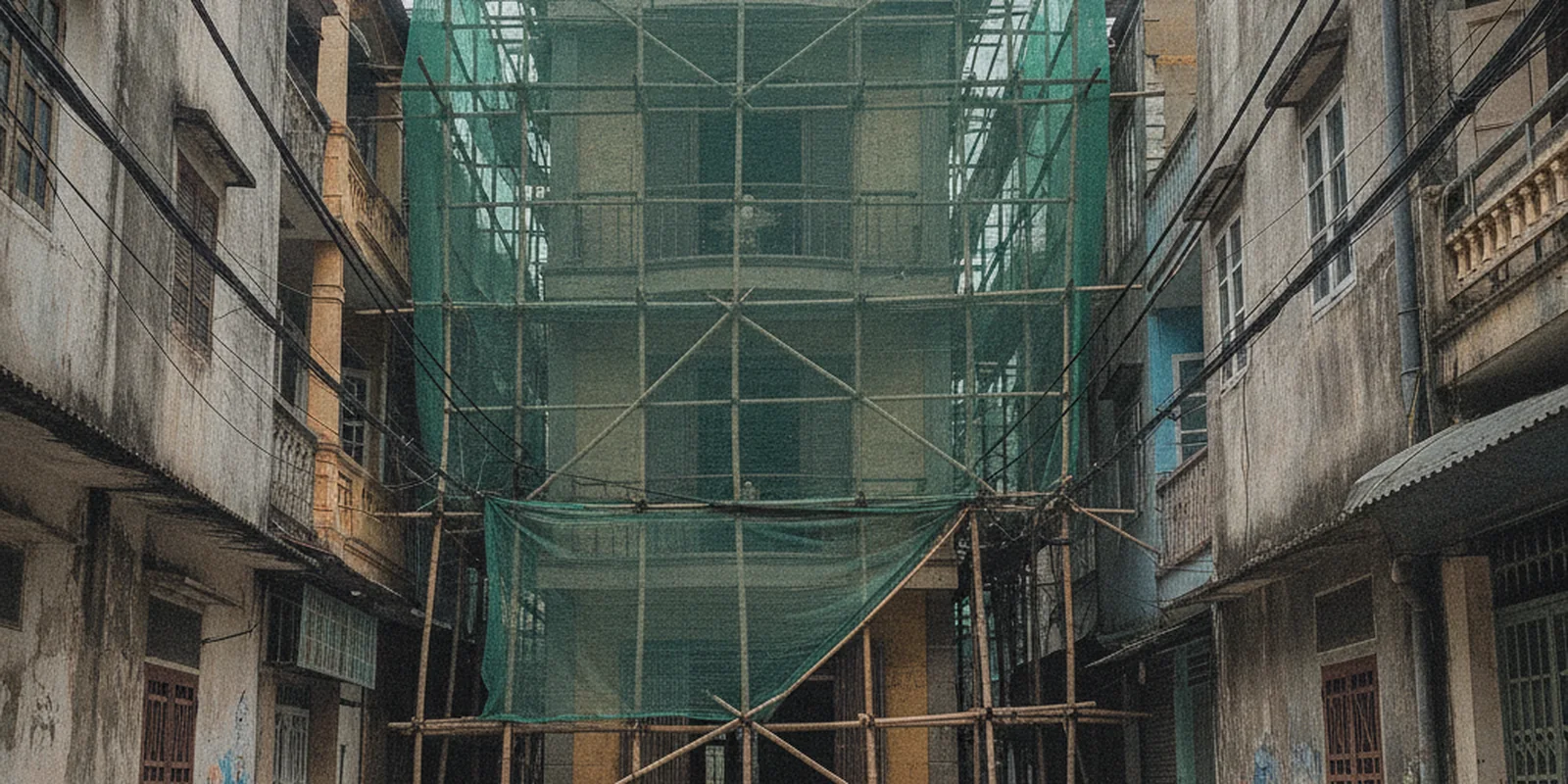 Công trình nhà ở riêng lẻ đang xây trong hẻm nội thành, lưới bao che và giàn giáo sát nhà bên cạnh