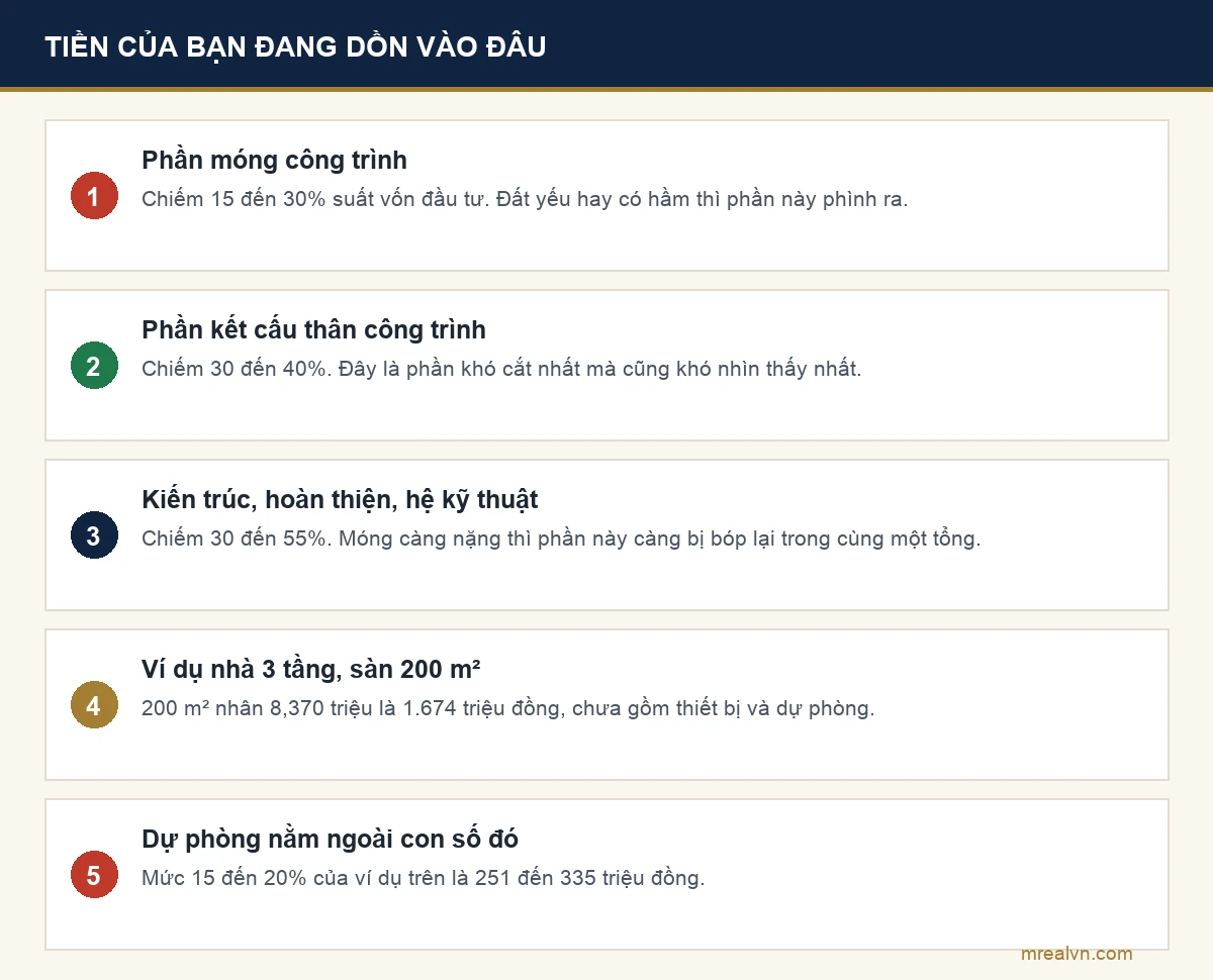 Sơ đồ tỷ trọng ba phần móng, kết cấu thân và hoàn thiện trong suất vốn đầu tư nhà ở riêng lẻ