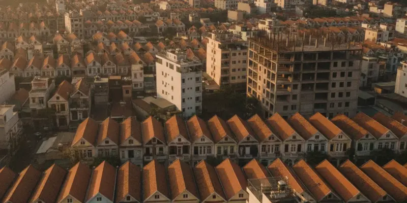 Khu dân cư đông đúc ở đô thị Việt Nam nhìn từ trên cao, xen giữa các dãy nhà ống là một khối bê tông xây dở