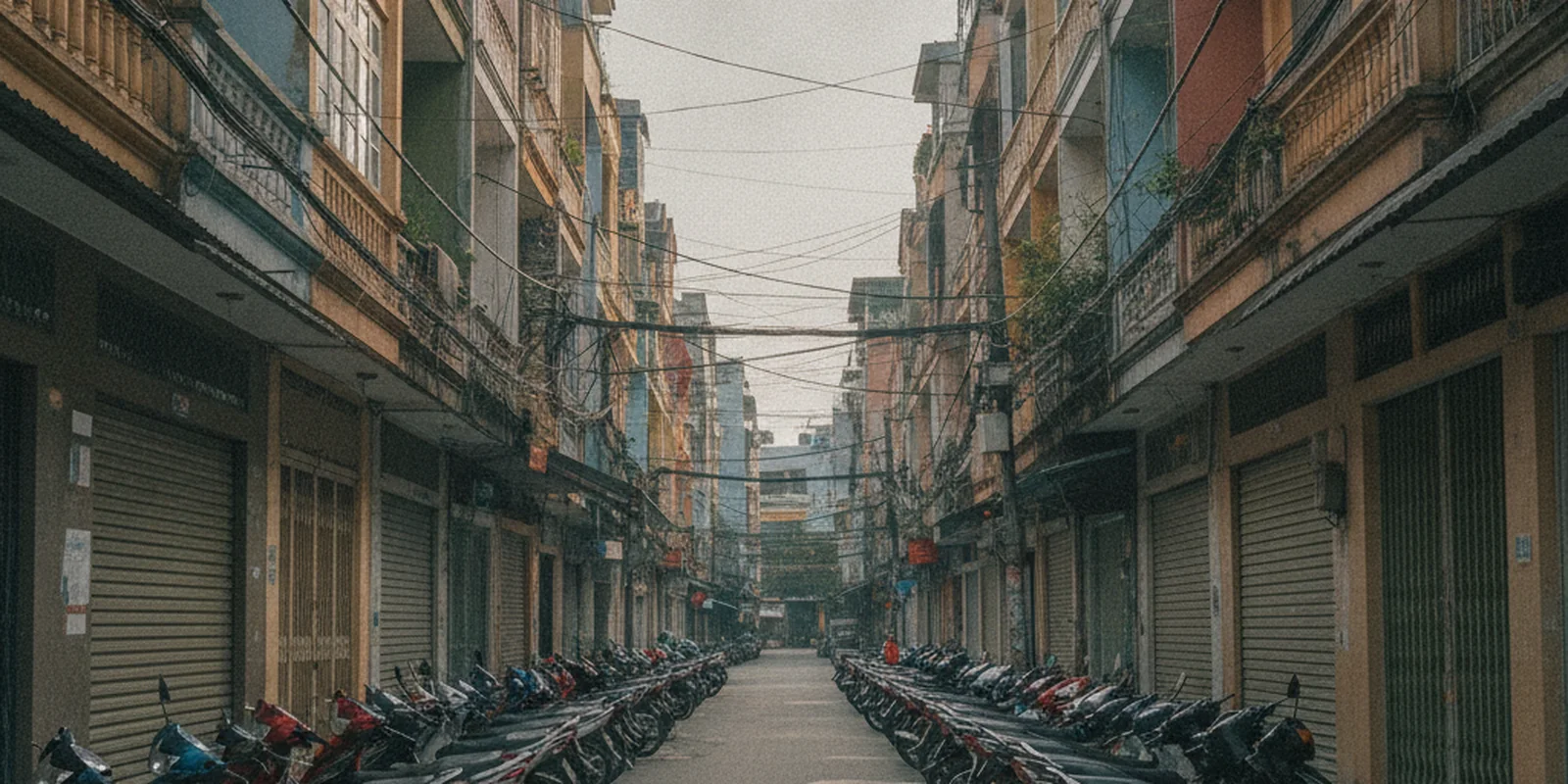 Tuyến đường nhà ống ở đô thị Việt Nam buổi sáng sớm, xe máy đậu sát vỉa hè