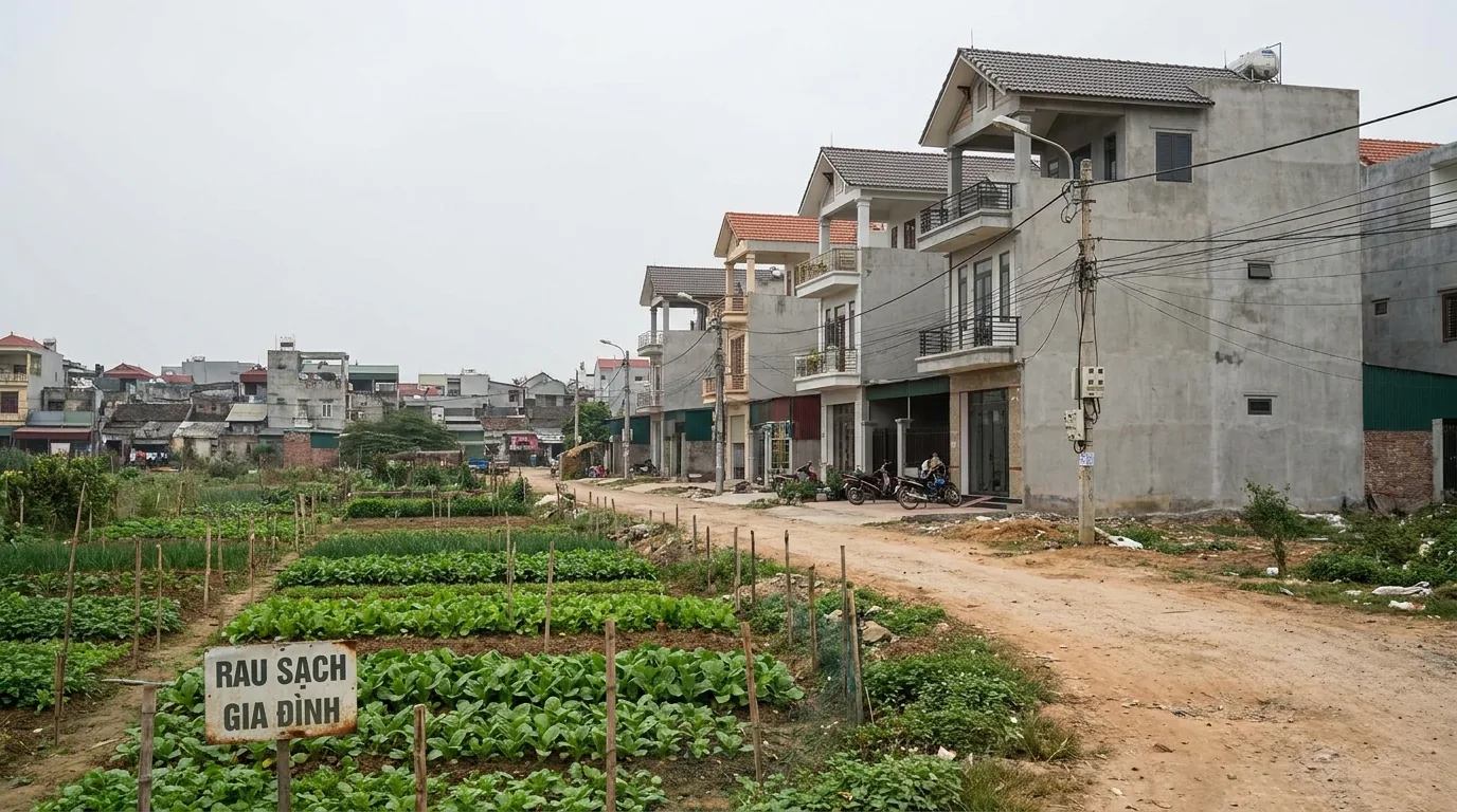 Ranh giới giữa thửa đất nông nghiệp đang canh tác và dãy nhà mới xây phía sau