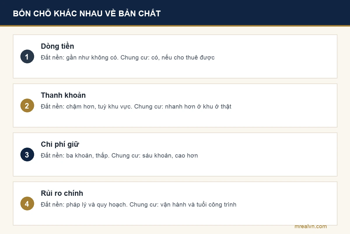 Bảng so sánh đất nền và chung cư theo bốn tiêu chí quyết định