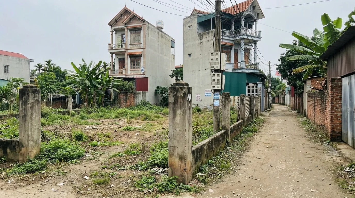 Thửa đất trống có mốc ranh giới bê tông nằm cạnh dãy nhà phố đã xây ở vùng ven đô thị Việt Nam