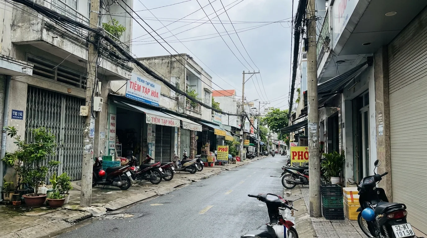 Đường trong khu dân cư ven đô với dãy nhà ống hai tầng và cột điện