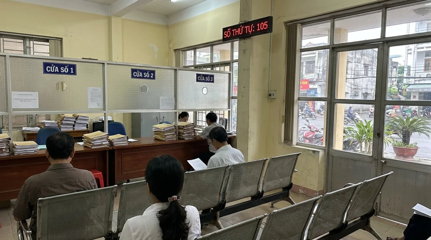Quầy tiếp nhận hồ sơ tại văn phòng đăng ký đất đai với các ô cửa đánh số