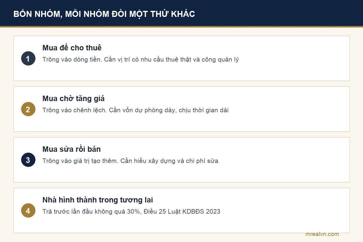 Sơ đồ bốn nhóm cách đầu tư bất động sản và điều kiện của từng nhóm