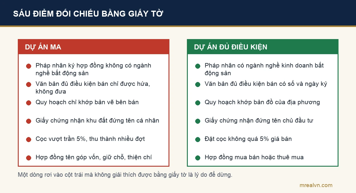 Sơ đồ đối chiếu dự án ma và dự án đủ điều kiện theo sáu điểm kiểm được bằng giấy tờ