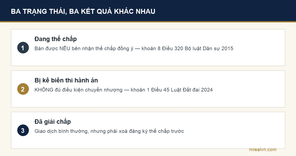 Sơ đồ ba trạng thái pháp lý của thửa đất: đang thế chấp, bị kê biên, đã giải chấp