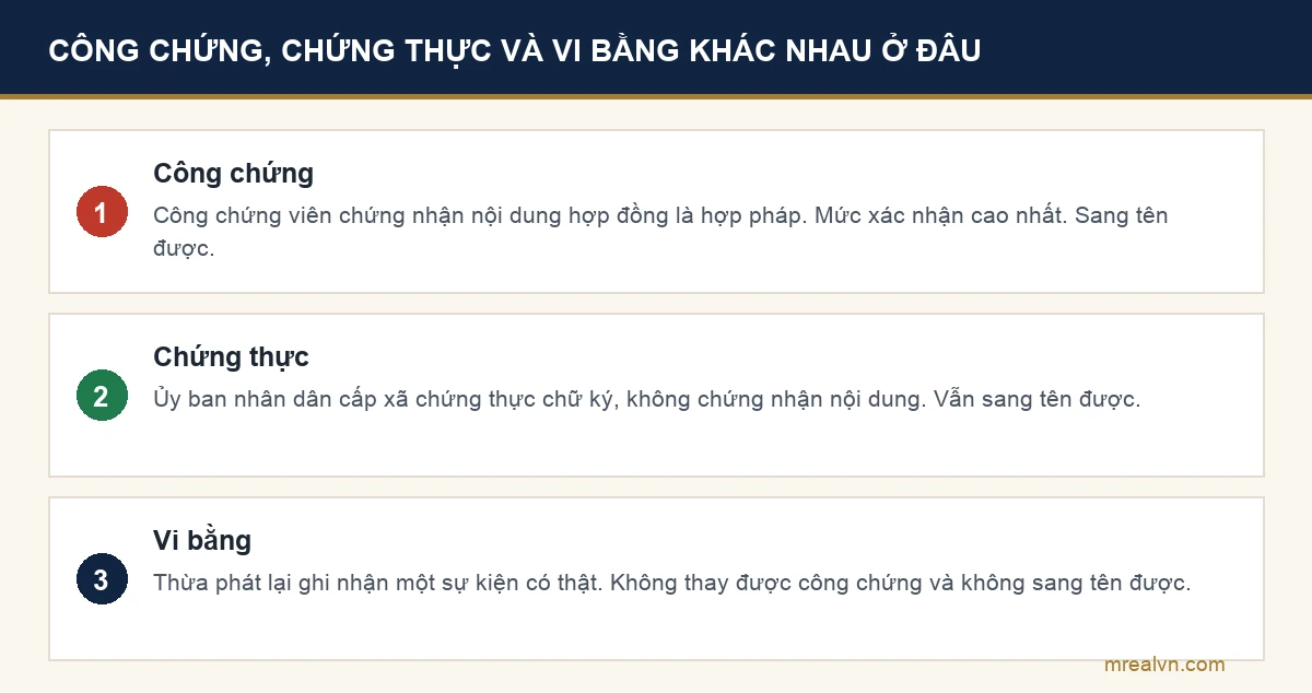 Sơ đồ phân biệt công chứng, chứng thực và vi bằng theo ai làm, chứng nhận điều gì và có sang tên được không