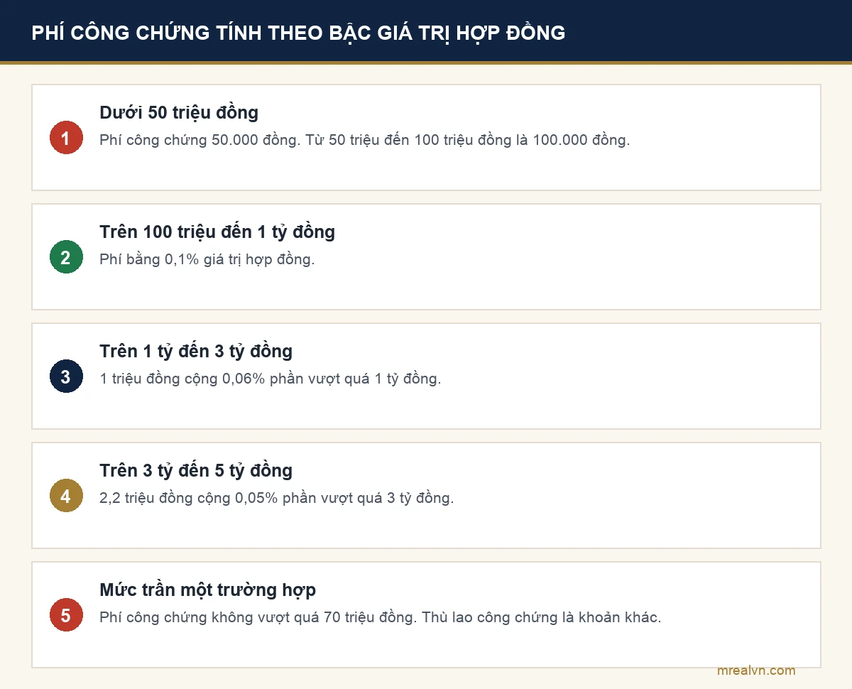 Sơ đồ các bậc phí công chứng nhà đất theo giá trị hợp đồng và mức trần 70 triệu đồng