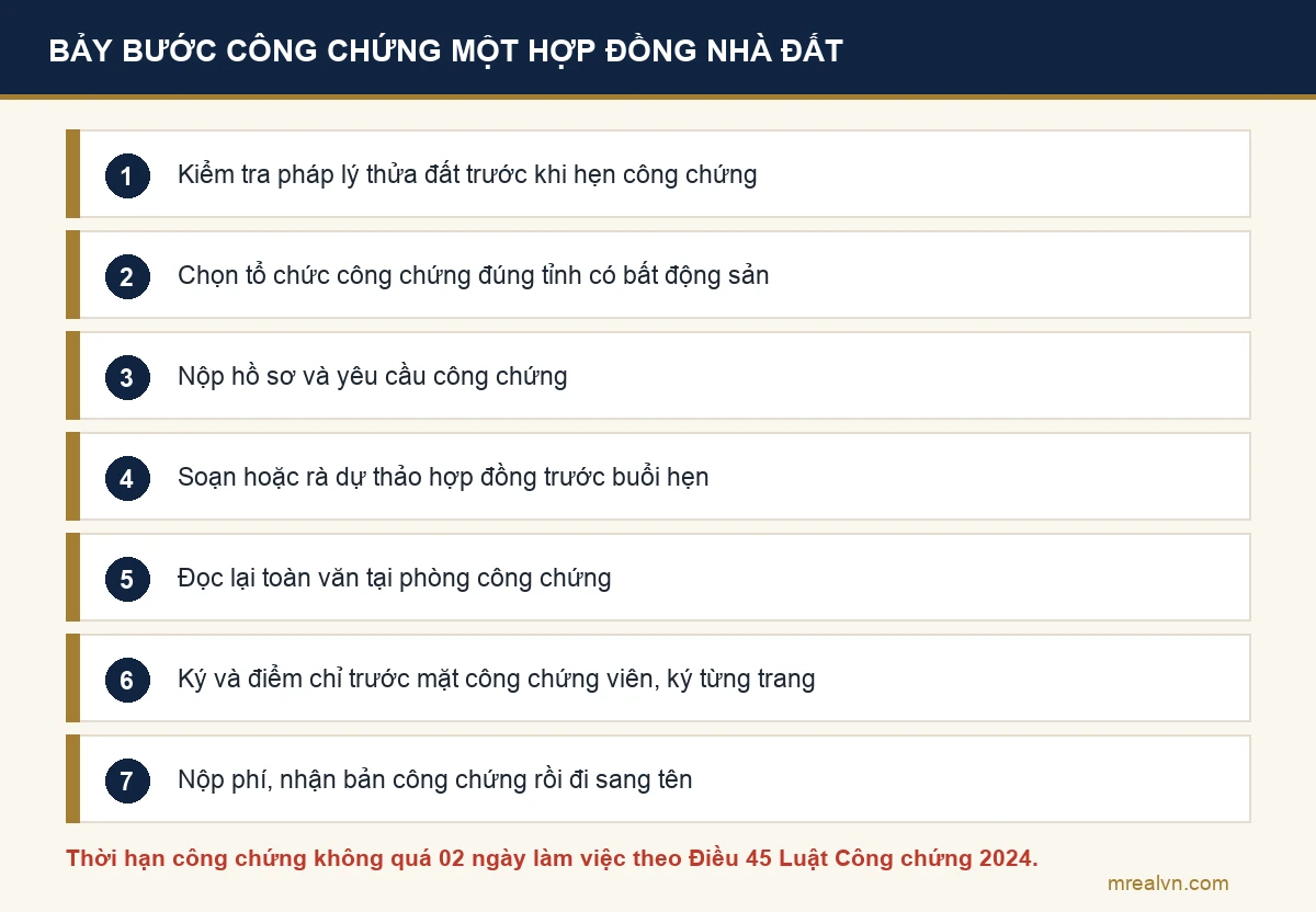 Sơ đồ bảy bước công chứng một hợp đồng nhà đất, từ kiểm tra pháp lý tới nhận bản công chứng