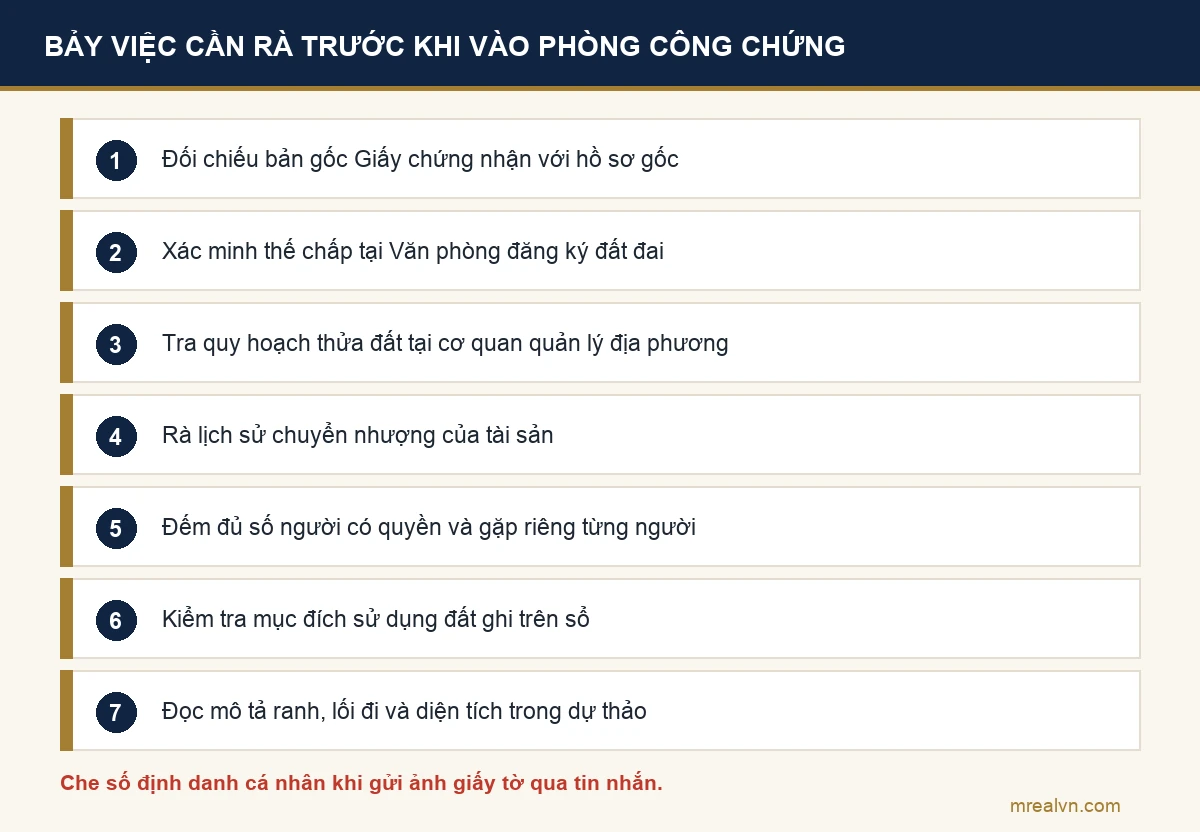Sơ đồ bảy việc cần rà soát trước khi bước vào phòng công chứng nhà đất