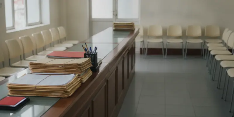 Quầy tiếp nhận hồ sơ tại một văn phòng công chứng ở Việt Nam, hồ sơ giấy xếp trên mặt quầy gỗ