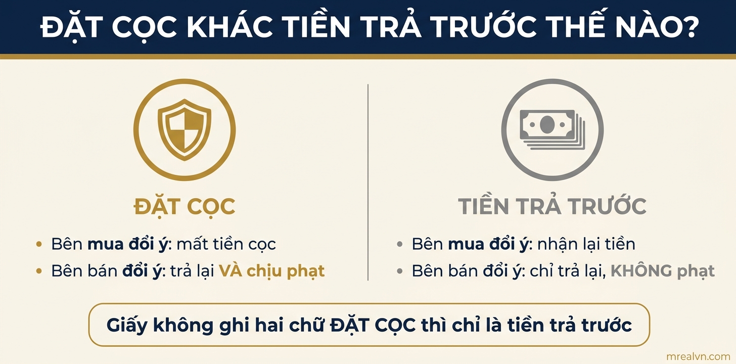So sánh hậu quả pháp lý giữa đặt cọc và tiền trả trước khi một bên đổi ý