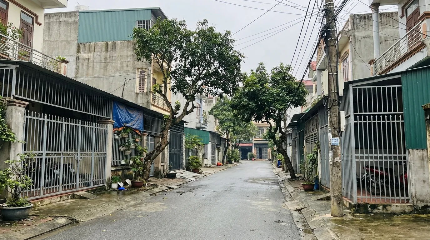 Đường phố yên tĩnh trong khu dân cư với dãy nhà có cổng và hàng cây ven vỉa hè