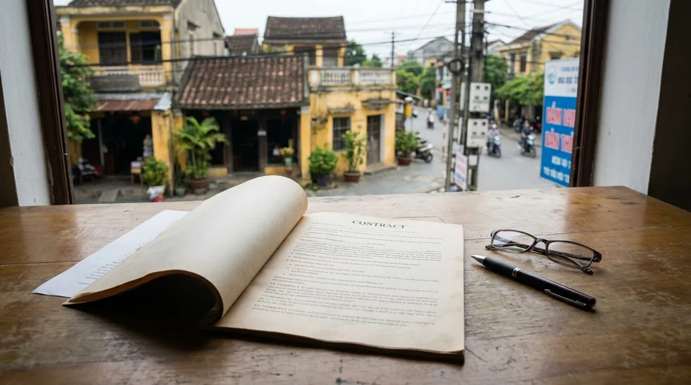 Bản hợp đồng nhiều trang đặt trên bàn cùng cây bút và kính đọc sách