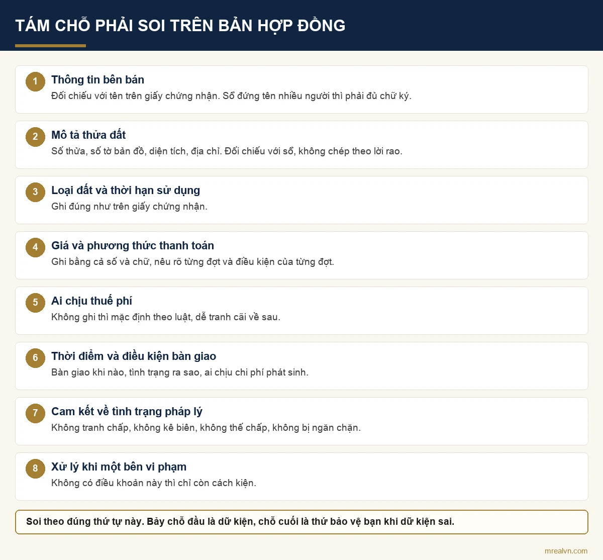 Sơ đồ tám điều khoản cần soi trên hợp đồng chuyển nhượng nhà đất