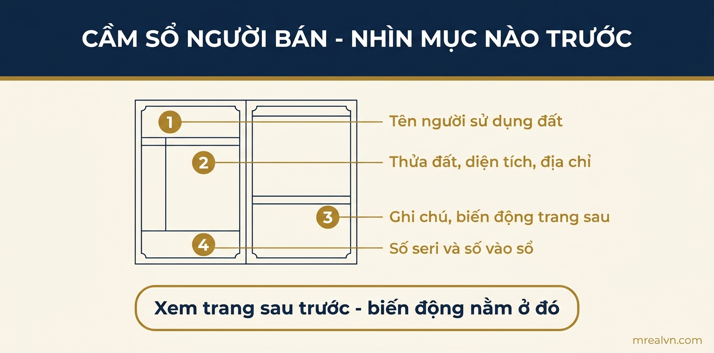 Sơ đồ bốn mục cần soi trước trên giấy chứng nhận quyền sử dụng đất khi cầm sổ của người bán
