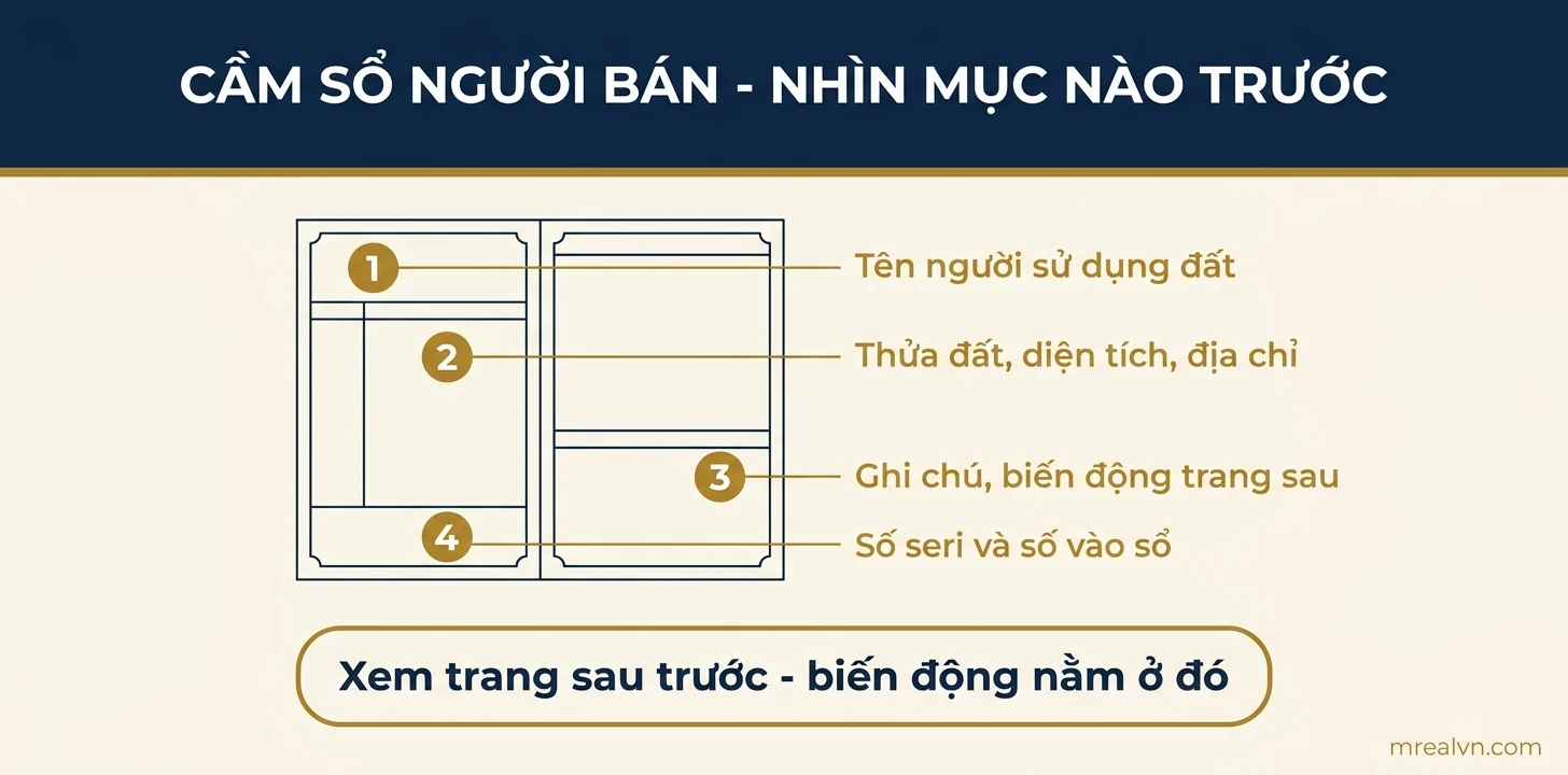Sơ đồ bốn mục cần soi trước trên giấy chứng nhận quyền sử dụng đất khi cầm sổ của người bán