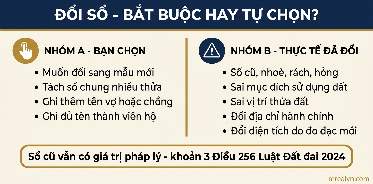 So sánh nhóm trường hợp tự chọn cấp đổi và nhóm bắt buộc chỉnh lý giấy chứng nhận